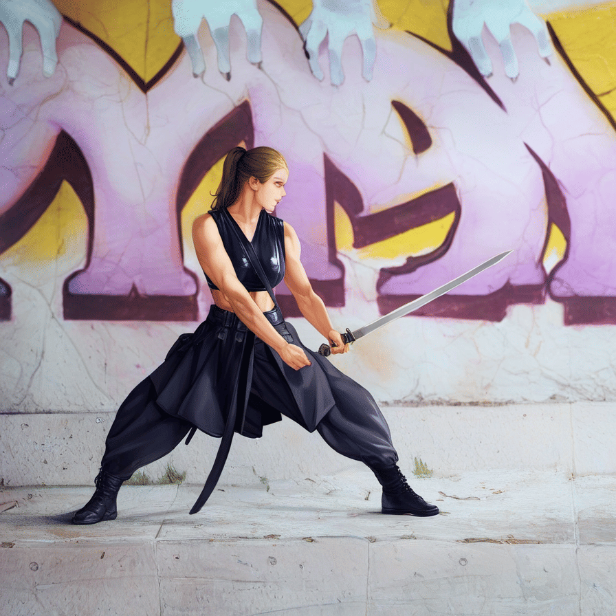 A Photo of a cute young teenage girl with a sword