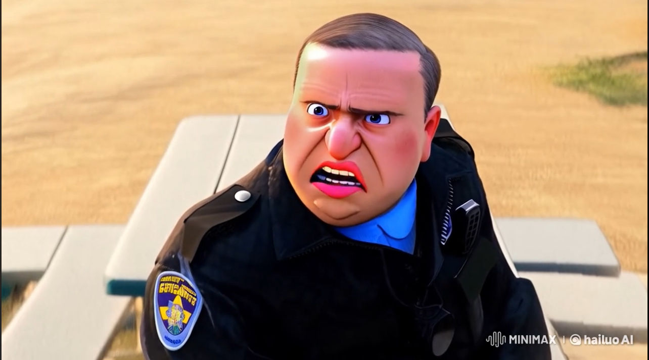 Photo realistic cop sitting on bench shows his distastes for black man