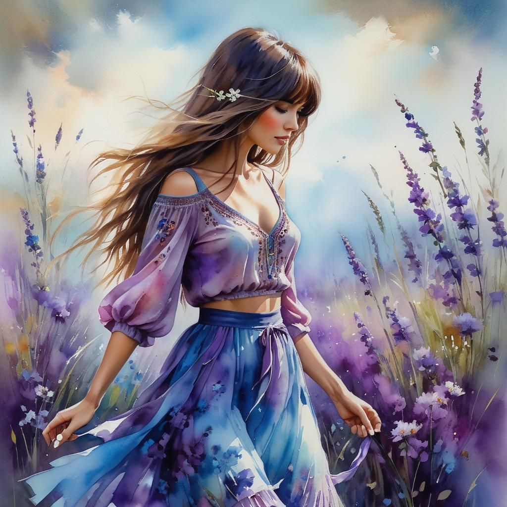 striking woman in a bohemian outfit with layers of fringe, beads, and feathers, standing amidst the vast expanse of a desert. The scene is s...