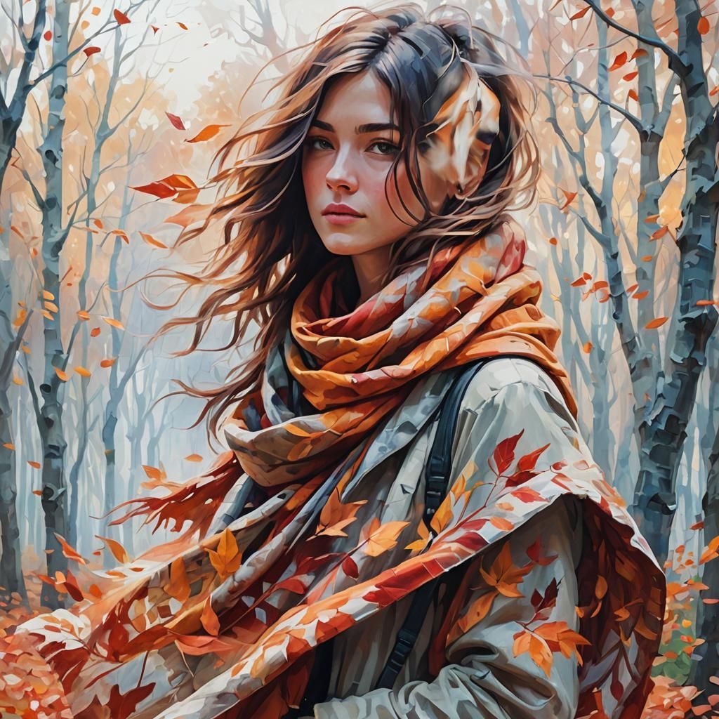 A beautiful young woman walking through a forest of vibrant orange and red leaves, wrapped in a soft, oversized scarf, with a gentle breeze...