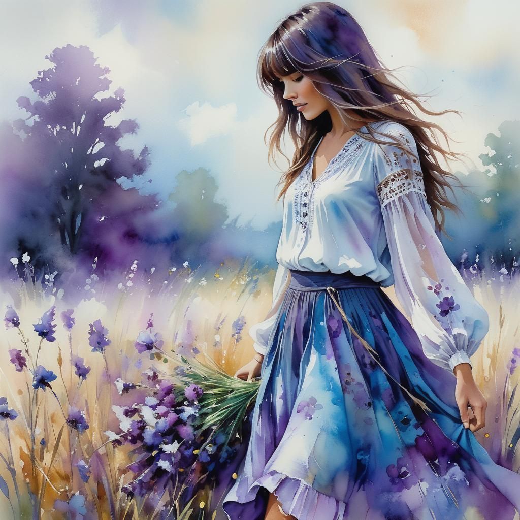 A boho-chic woman with sun-kissed skin, wearing a flowing white dress and a wide-brimmed hat, walking along a pristine beach. The scene feat...