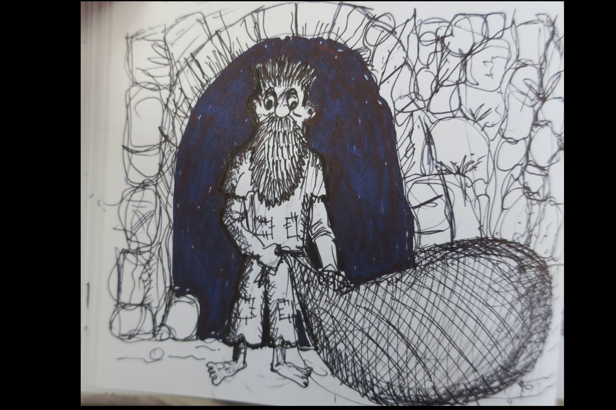 A HURRY AND POORLY DRESSED FISHERMAN EXITING HIS CAVE HOLDING A NET IN HIS HANDS