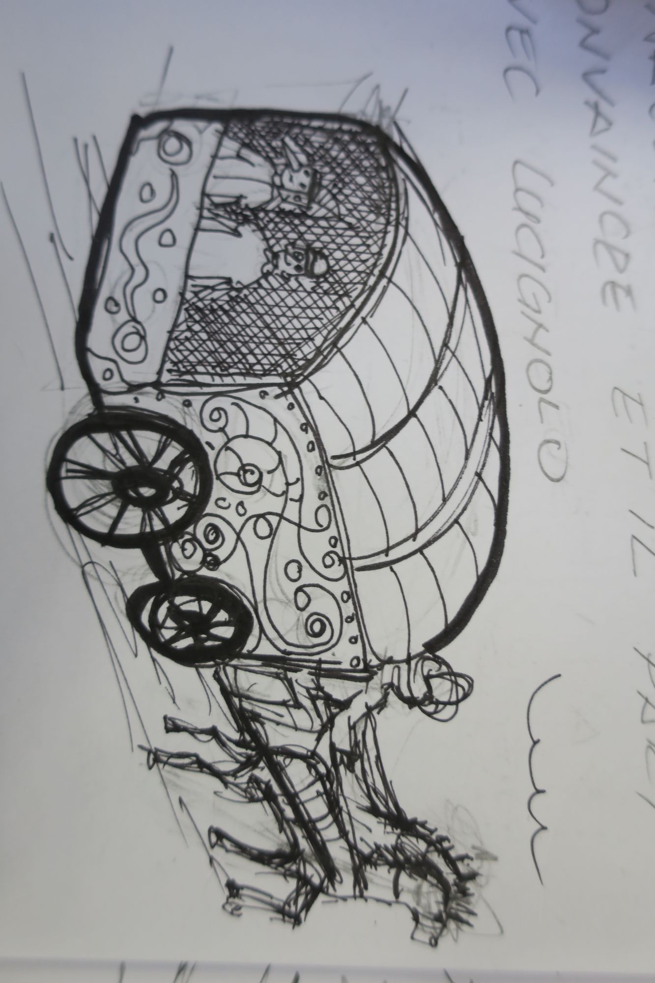 An old time chariot with a mutant horse