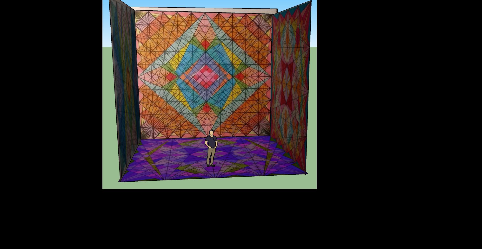 A MODERN ROOM WITH COLORED GEOMETRIC MOTIFS ON THE WALLS