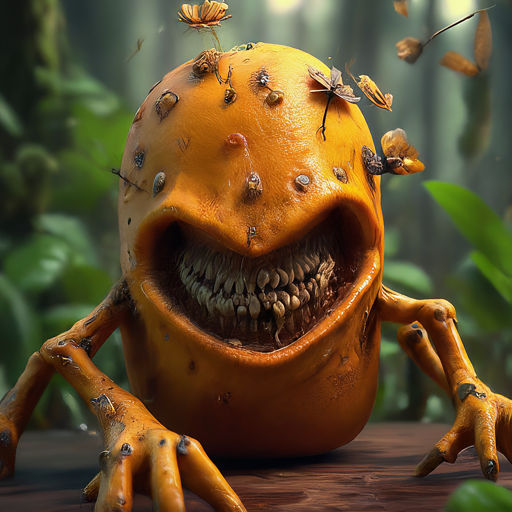 🌳🍊👾 Behold the captivating close-up of a humanoid Rotten Orange Fruit Monster in a enchanting forest during the golden hour. 🍊🧟‍♂️ Its...