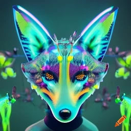 In a mesmerizing neon-lit lab, witness the fusion of nature and tech as biopunk cyborg foxes roam. Adorned with Biopunk Cyborg Flowers, Butt...