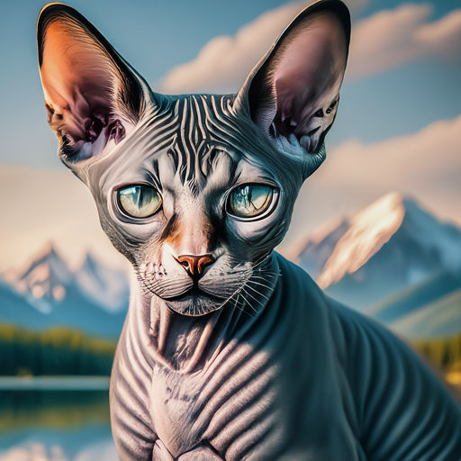 In this intricately detailed close-up portrait, 🎨🖼️ our goal is to craft a hyperrealistic image of a Sphynx cat sporting a humanoid visage...