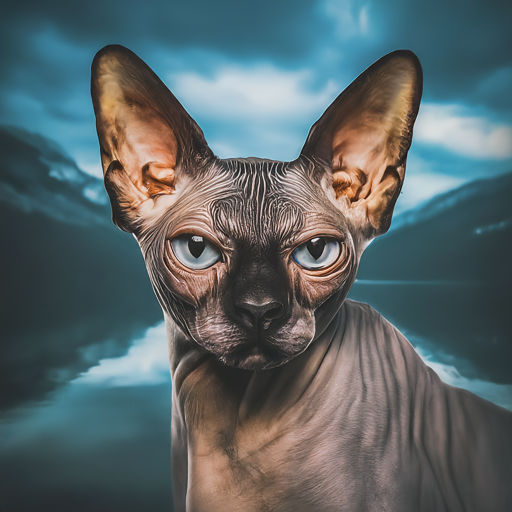 In this intricately detailed close-up portrait, 🎨🖼️ our goal is to craft a hyperrealistic image of a Sphynx cat sporting a humanoid visage...