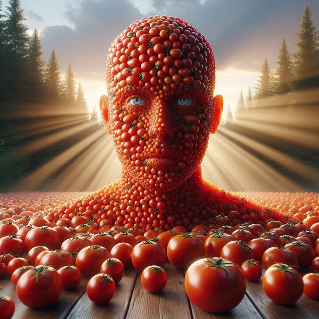 Closeup, Front Facing, Front View, a close up of a human face made of tomatoes surrounded by tomatoes, a photorealistic 3D octane render ins...