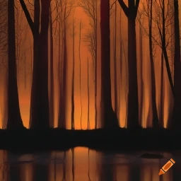 KEYWORDS(Orange Monster 1):
VISUAL STYLE: Surrealism, GENRE: Fantasy, SUBJECT(S): Orange Monster, forest, lake, sunset, island, tall trees,...