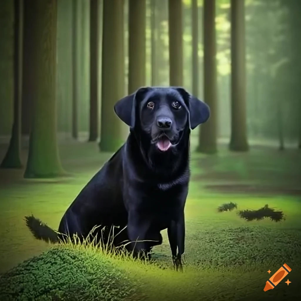 In an enchanting forest, a majestic black Labrador Retriever emerges, its presence hyperrealistic. 🌲🐾

The Labrador stands proudly amidst...