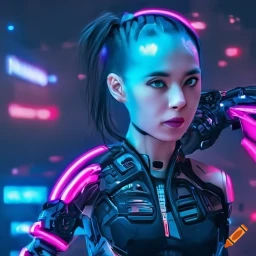 In a dystopian realm dominated by advanced biotechnology and cybernetic augmentations, a vivid micro photograph reveals a female cyberpunk c...