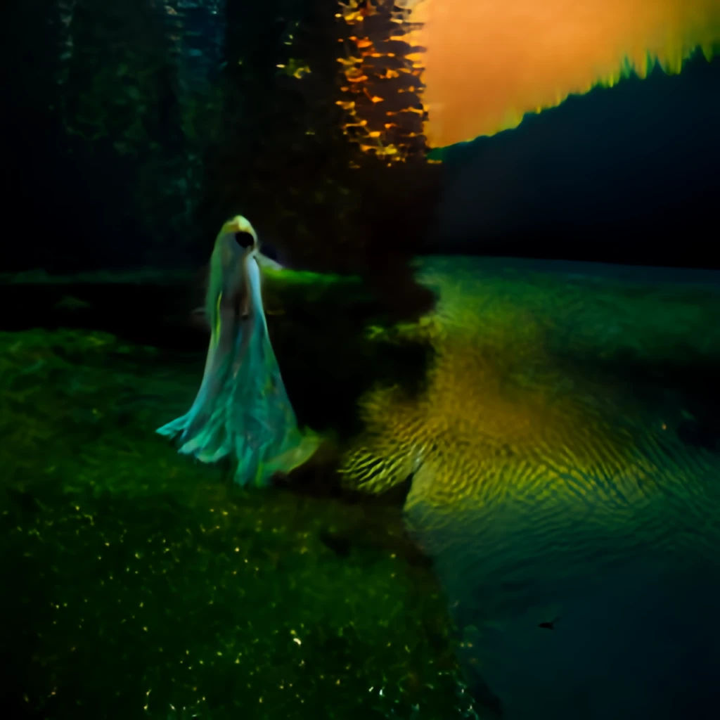 In ancient tales, a Gothic enchantress graces an emerald woodland by a tranquil mountain lake, bathed in otherworldly light from a setting s...