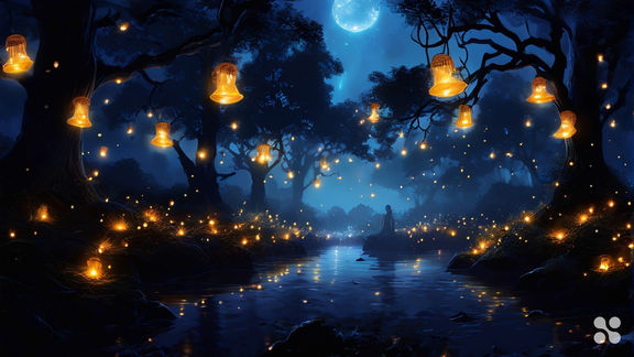 Fireflies dance under a serene night sky, while branches interweave, revealing mushroom ghosts and illuminated lanterns.

,

Professional ph...