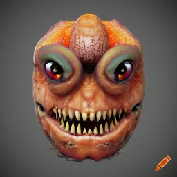 Closeup, Front Facing, Front View, The Orange Monster is a hyper-realistic 3D image of an orange fruit monster with a human face, one or mor...