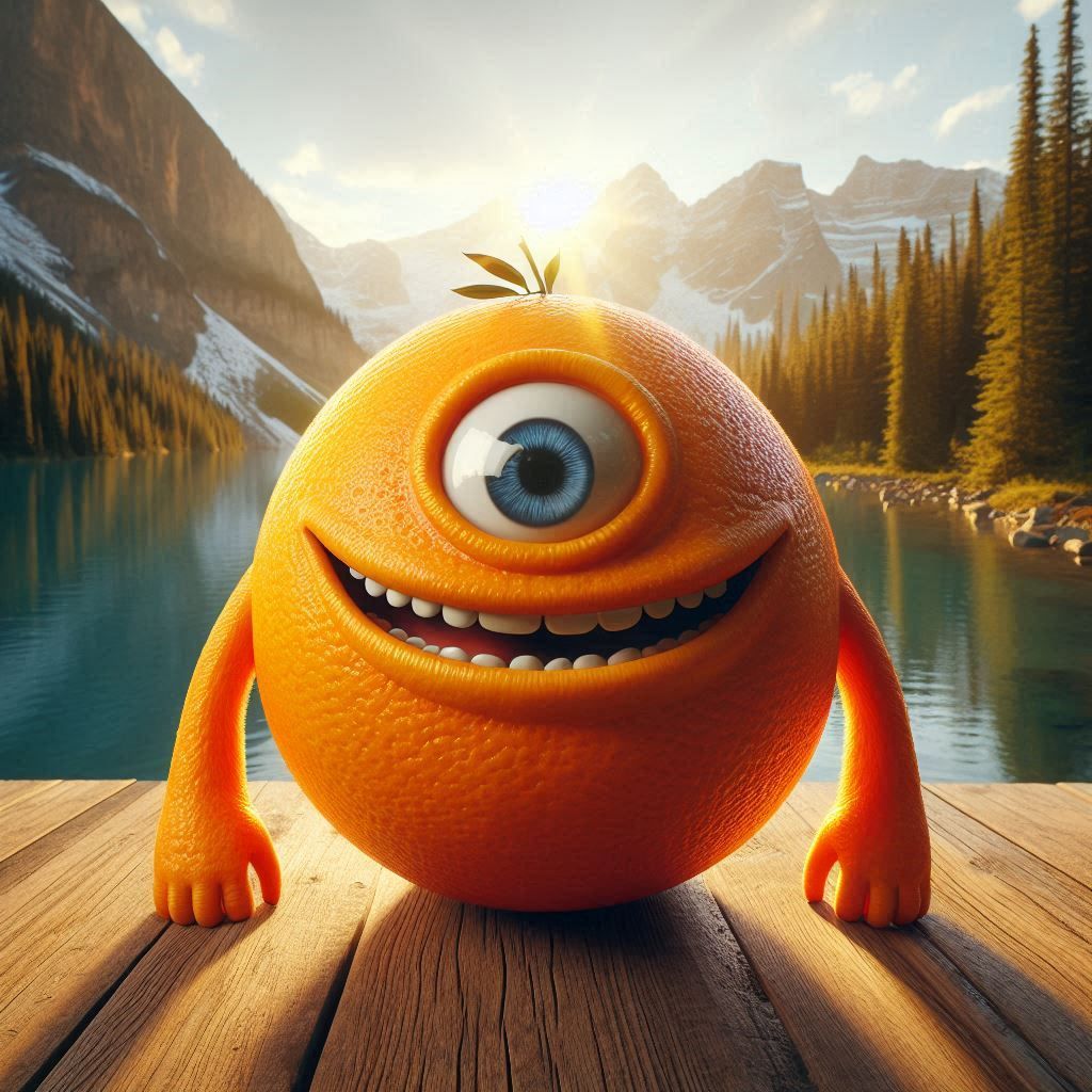 a HDRI photograph, 


Closeup, Front Facing, Front View, The Orange Monster is a hyper-realistic 3D image of an orange fruit monster with a...