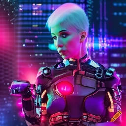 In a dystopian realm dominated by advanced biotechnology and cybernetic augmentations, a vivid micro photograph reveals a female cyberpunk c...
