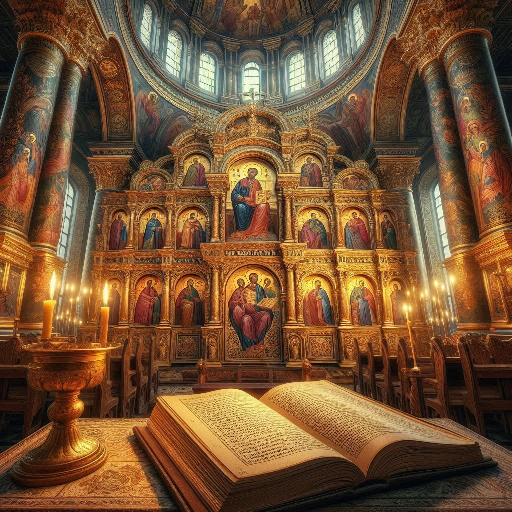 a HDRI photograph, 


Old Orthodox, an open book sitting on top of a table in a church, iconostasis in the bar, listing image, papyrus, beau...