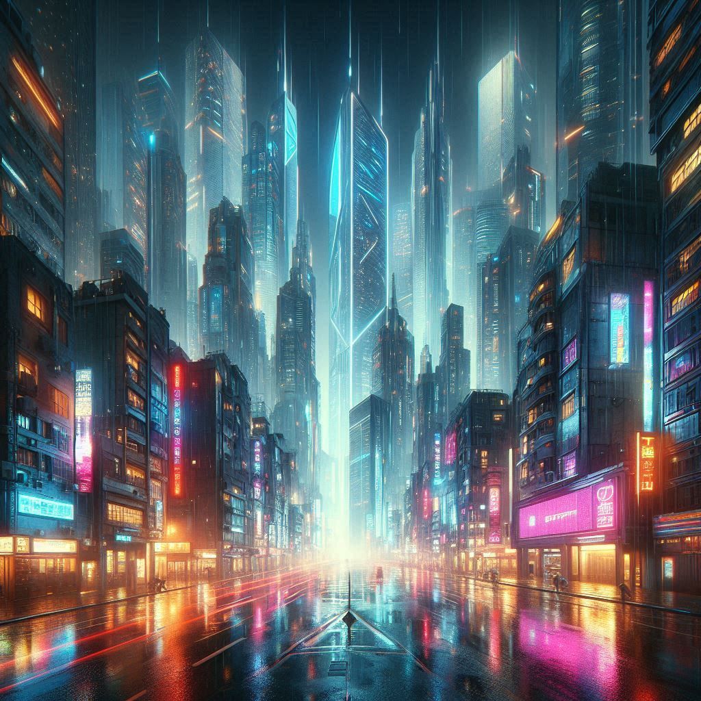 a HDRI photograph, 


Step into a world of the future, where towering skyscrapers made of concrete and steel rise high into the sky. The Cyb...