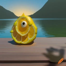 Closeup, Front Facing, Front View, The Lemon Monster is a surreal sculpture made of lemon, with a human face, one or more eyes, nose, and mo...