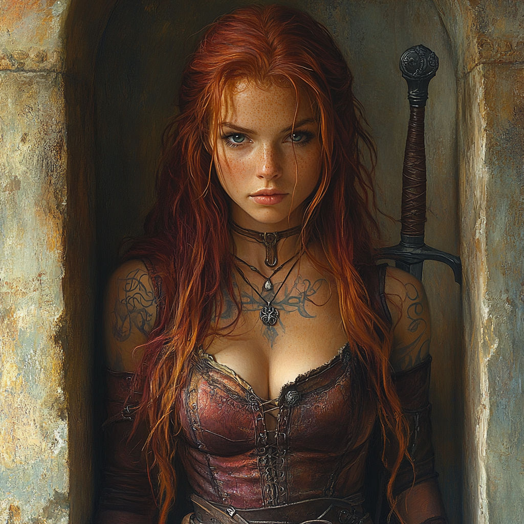 woman with her back to the camera, slightly tilted in profile, looking at the viewer, her fiery red hair shimmering in t...