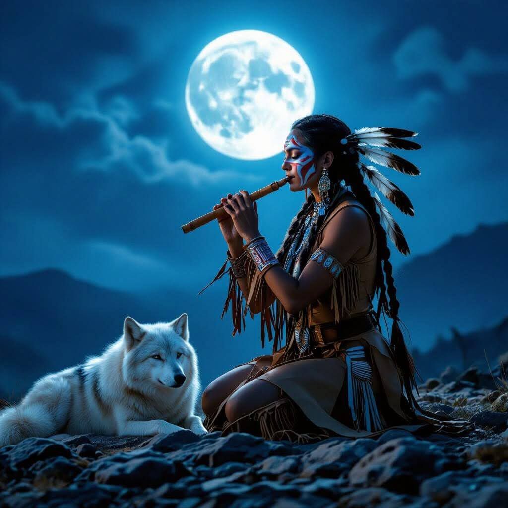 native American woman kneeling amd rising.  a glowing full moon, woman is playing wooden tribal flute, ceremonial face p...