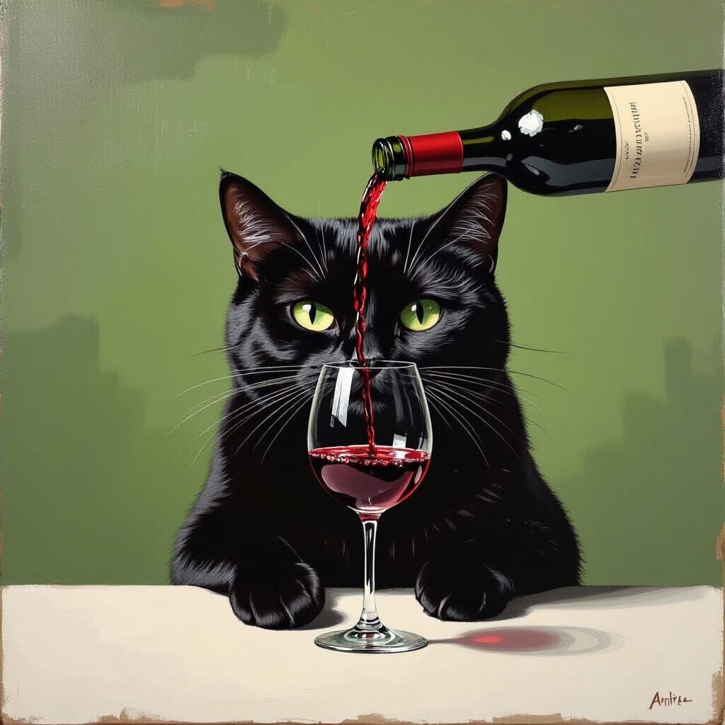 a black cat is pouring red wine into a glass, with a green background and a white table in front of it. the oil painting...