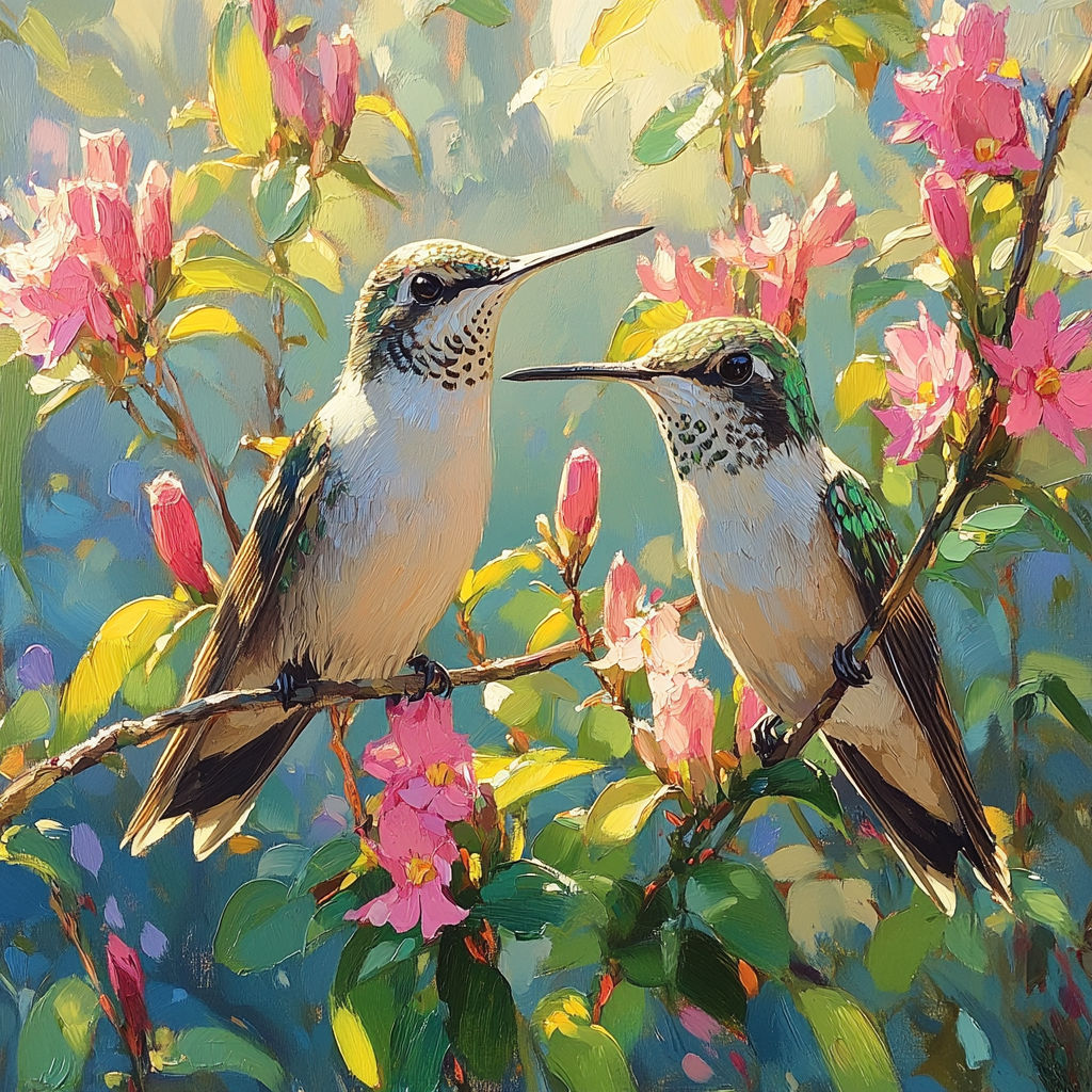 Two hummingbirds gently fluttering their wings as they meet beak-to-beak amidst blooming cherry blossoms, petals driftin...