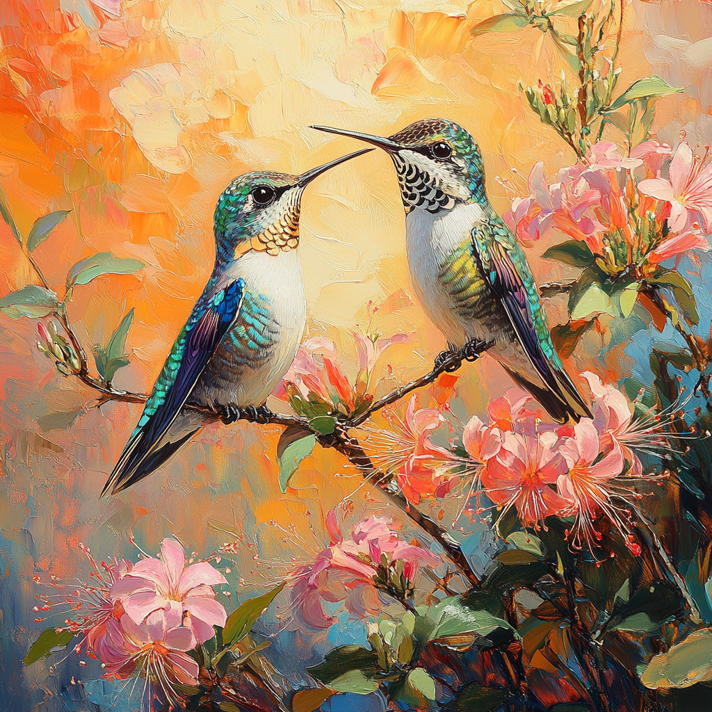 Two hummingbirds gently fluttering their wings as they meet beak-to-beak amidst blooming cherry blossoms, petals driftin...