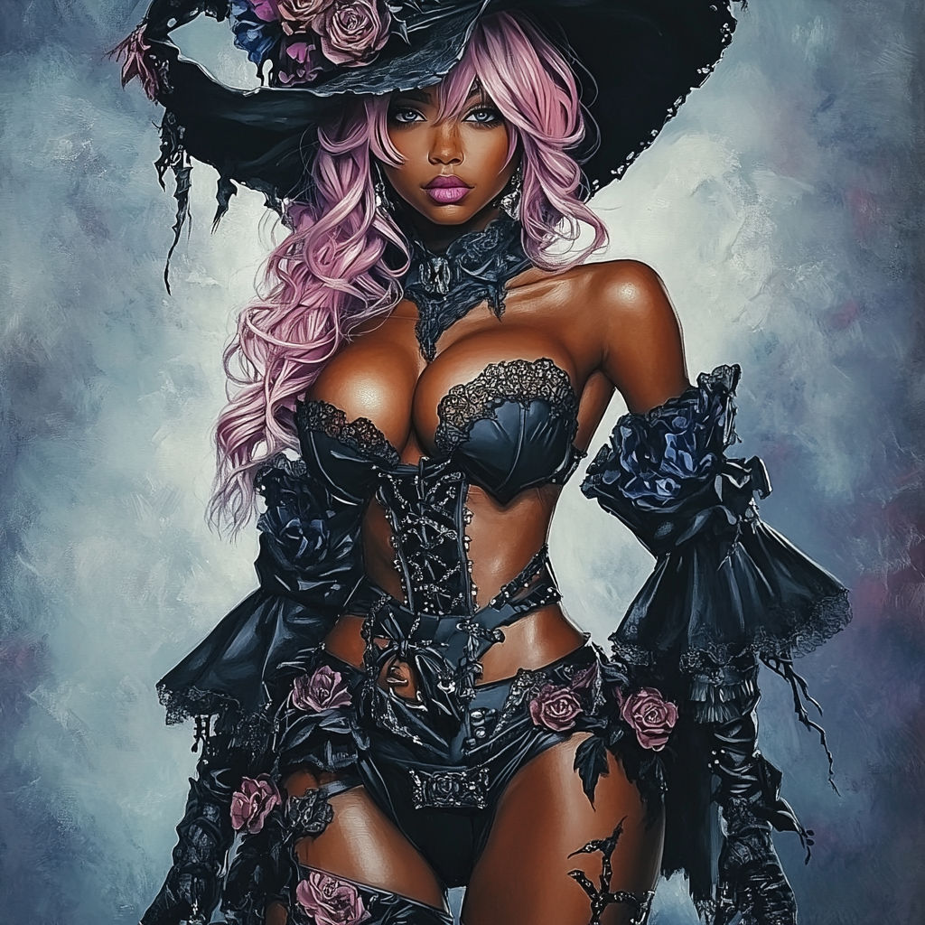 Beautiful witch removes hat and gloves.