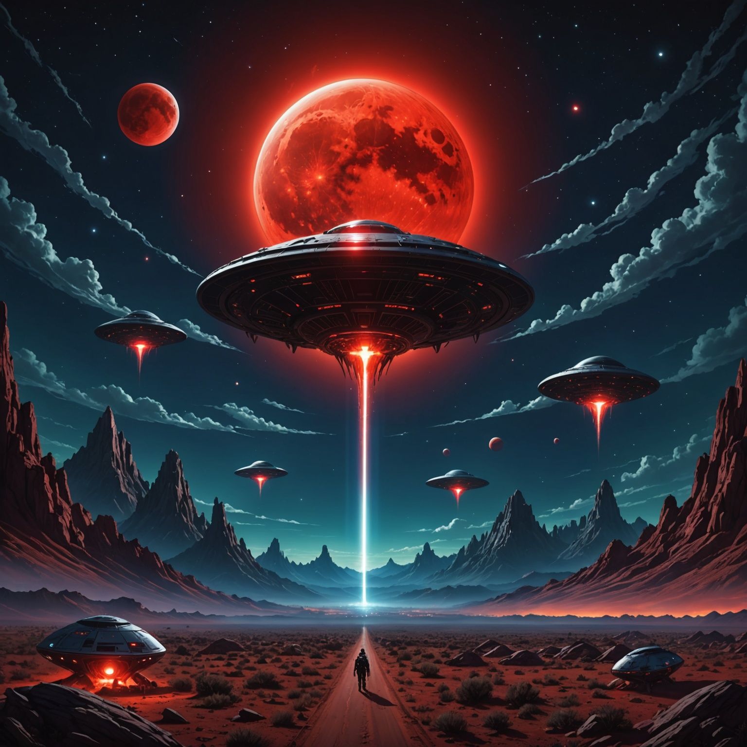 An Ultra-Realistic Digital Illustration of Alien UFOs, Extraterrestrial Drones, and Plasma Orbs in the Night Sky over Co...