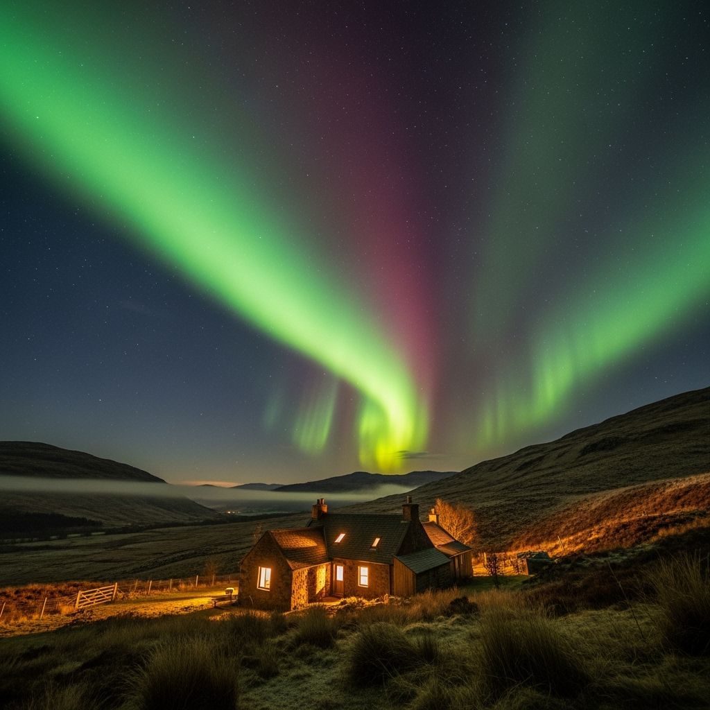 Create a hyper realistic ultra photo realistic video of the Northern Lights viewed from Scotland Highlands, Clear dark n...