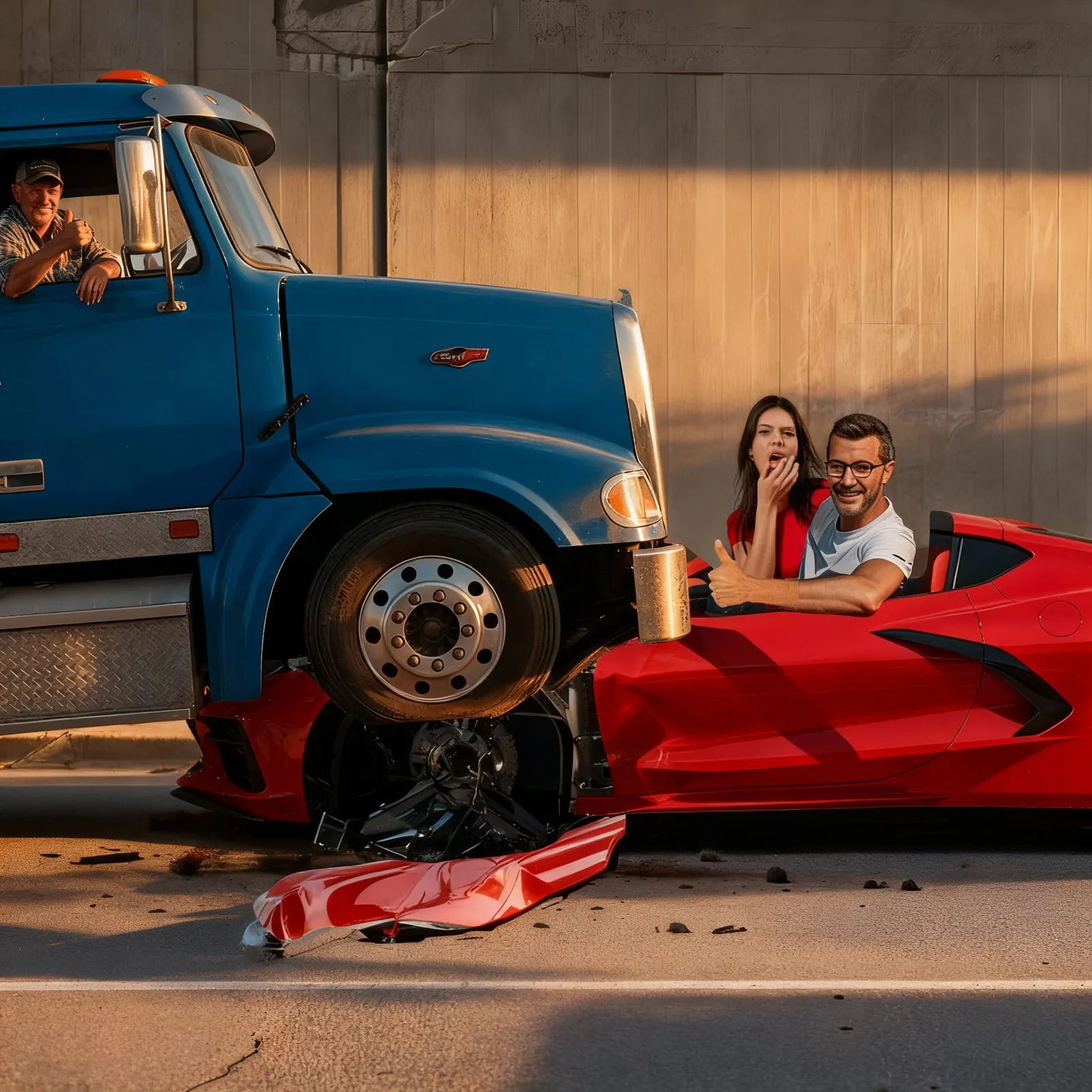 Make the truck look realistically in its position on the corvette. Preserve the overall composition and position of the elements. Blend all ...