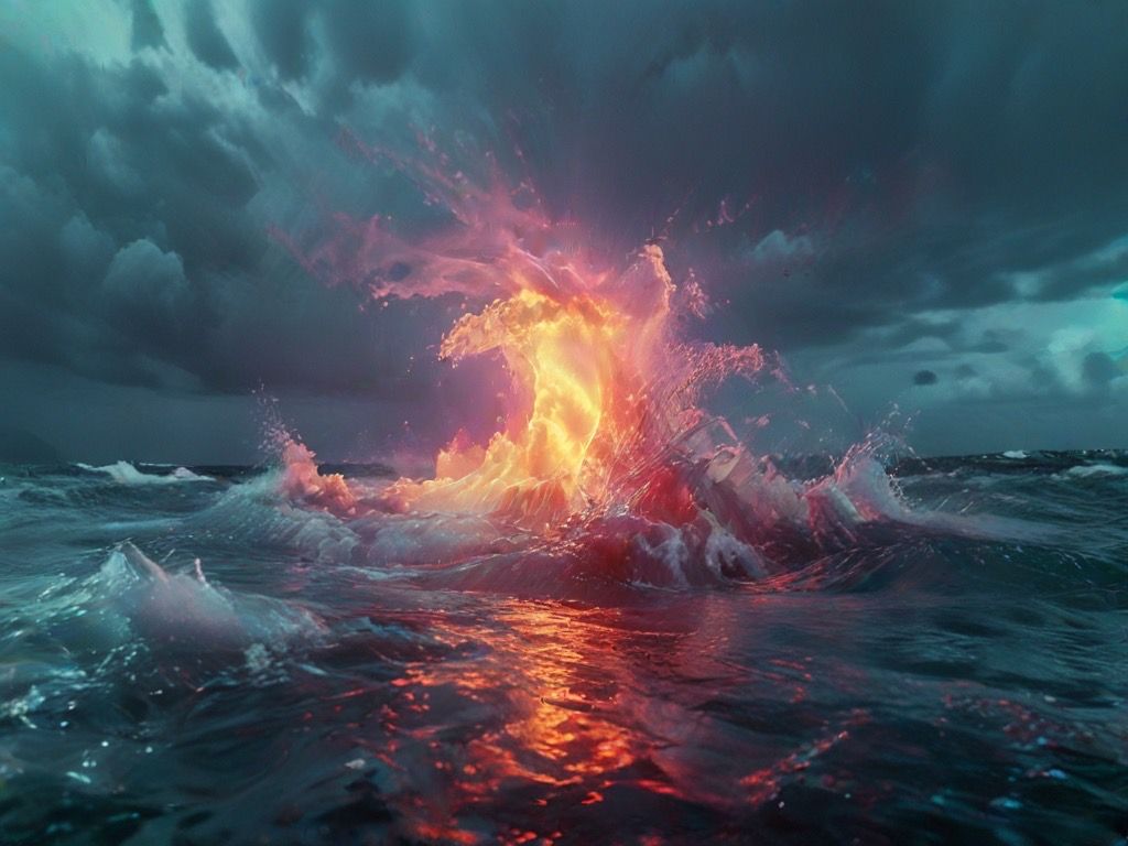 Towering, photorealistic waves roll through a storm, their semi-transparent green waters glowing like liquid emeralds. A vibrant, golden moo...