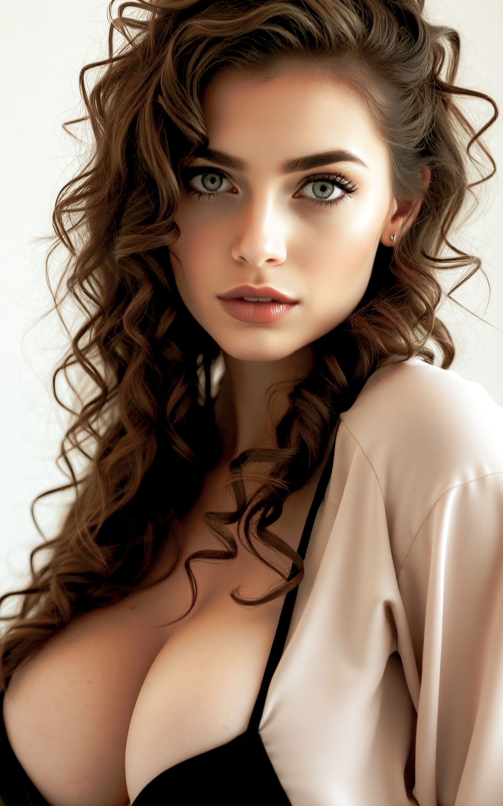 Moody, hyperrealistic. She has burgundy hair with red and silver highlights worn loosely. She is voluptuous and she wear...