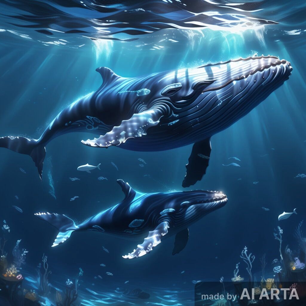 Masterpiece painting of a Magestic whale and baby whale swimming underwater., highly detailed, sharp focus, intricate, illustration, trendin...