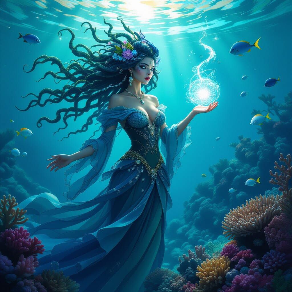 she lets the sphere to float upwards from her hand. After that she swims away.