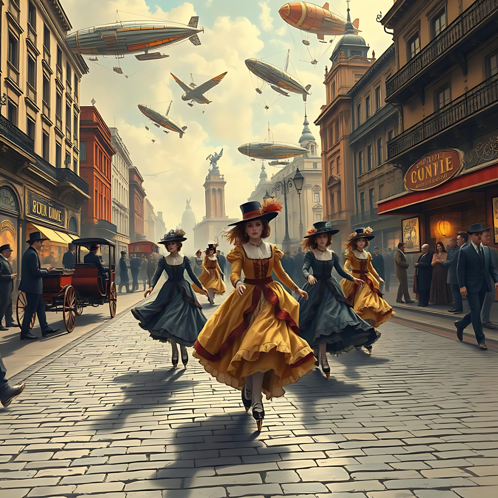 the ladies roller-skate by the camera frame happily. the airships fly across the sky