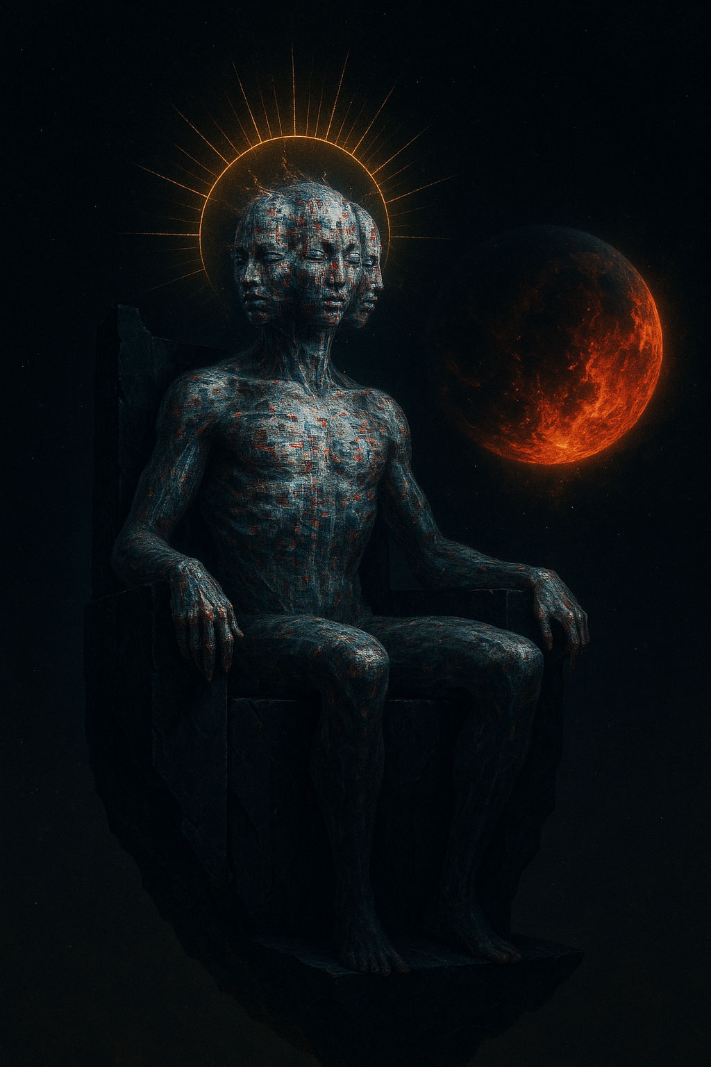 Ein kolossales, blutverschmiertes Portal schwebt zwischen zerrissenen Sturmwolken, es führt in eine brennende Stadt tief...