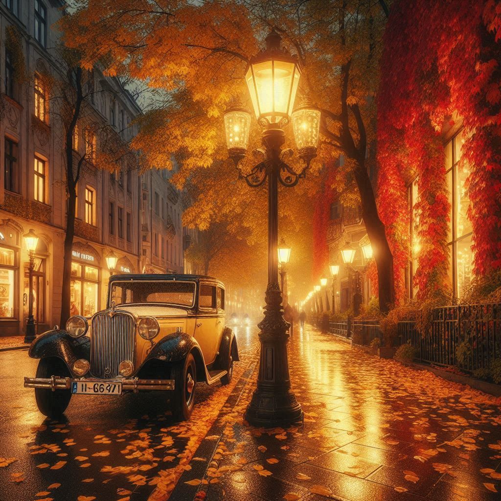 An enchanting autumn evening on a quiet city street, where a vintage car, polished and shining, is parked under a streetlamp casting a warm,...