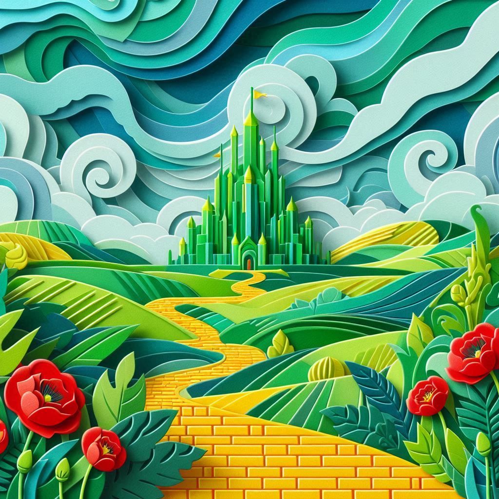 Layered cut paper illustration of A vibrant, stylized landscape featuring a winding yellow brick road leading to a majestic emerald castle i...