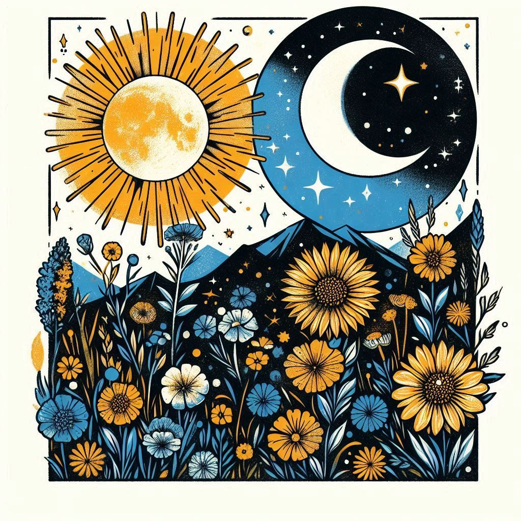 Vector Collage of a sun, a moon, and sunflowers in yellow, blue, black, and white. Screen print. Simple. 
