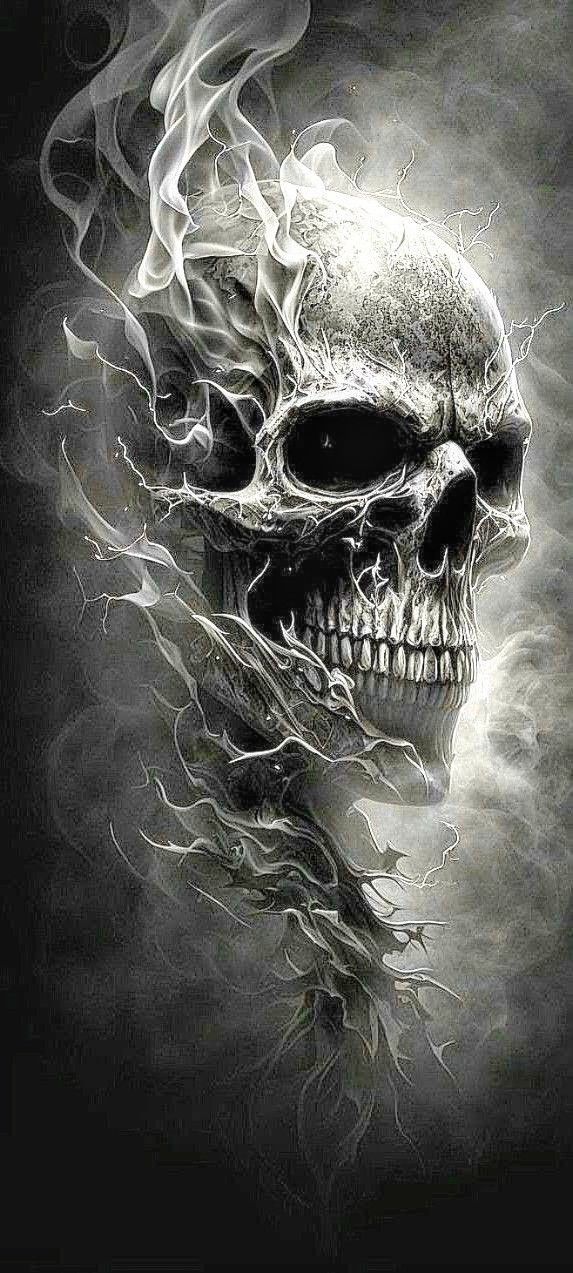 Hyperdetailed charcoal drawing. Close-up. Human skull surrounded by thick fog. Macro shot. Intense chiaroscuro. Delicate wisps of fog cling...
