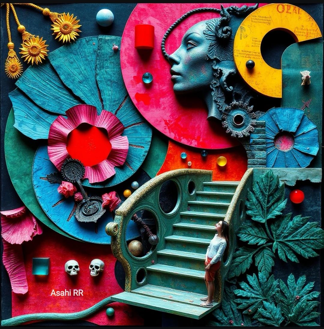 A city made up of large letters of the alphabet, very dilapidated with scribbles on the walls and on the road in front, scratches of color o...