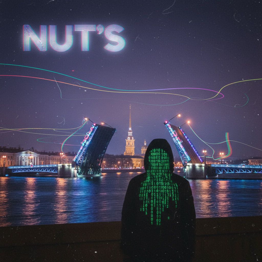 8K photorealistic cyberpunk, recognizable Saint Petersburg at night: Palace Bridge raised with illuminated spans, Peter and Paul Fortress sp...