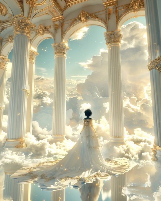 cloud girl in cloud dress on terrace in clouds