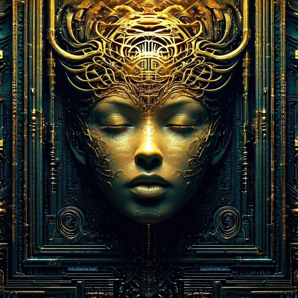 intricate filigree work on chromed metal. face of a sleeping goddess.ultra detailed.realistic.cinematic.stock photo.8k.Photography.