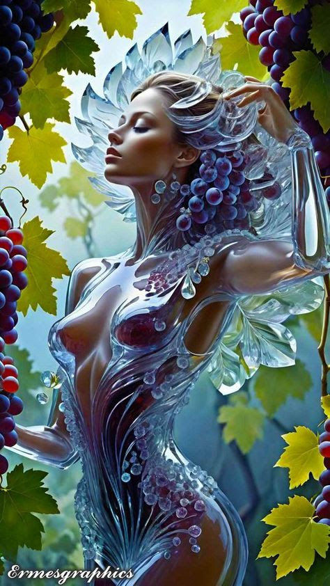 The girl is wearing a dress made of ((berries,berries,berries))grapes. She also has a bunch of grapes on her head. There are lots of grapes...