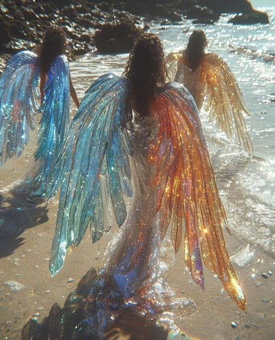 three fairies in luminous clothes walk along the seashore.ultra detailed.realistic.cinematic.stock photo.8k.Photogr...