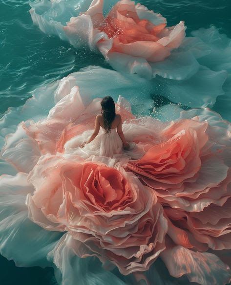 The clouds are made of poppy flowers and roses. The girl walks on the clouds into the distance.highly detailed photorealistic.super detailed...